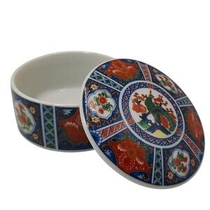 Takahashi Round Porcelain Trinket Box Porcelain Floral Peacock Blue Orange Japan